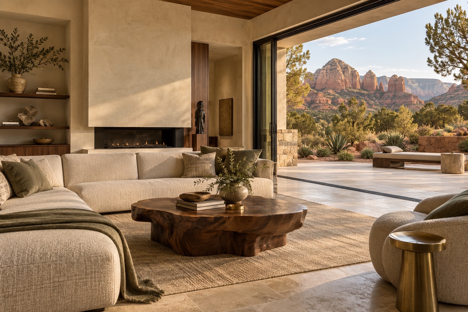 Design inspiration: a warm limestone living room opening to a red-rock landscape